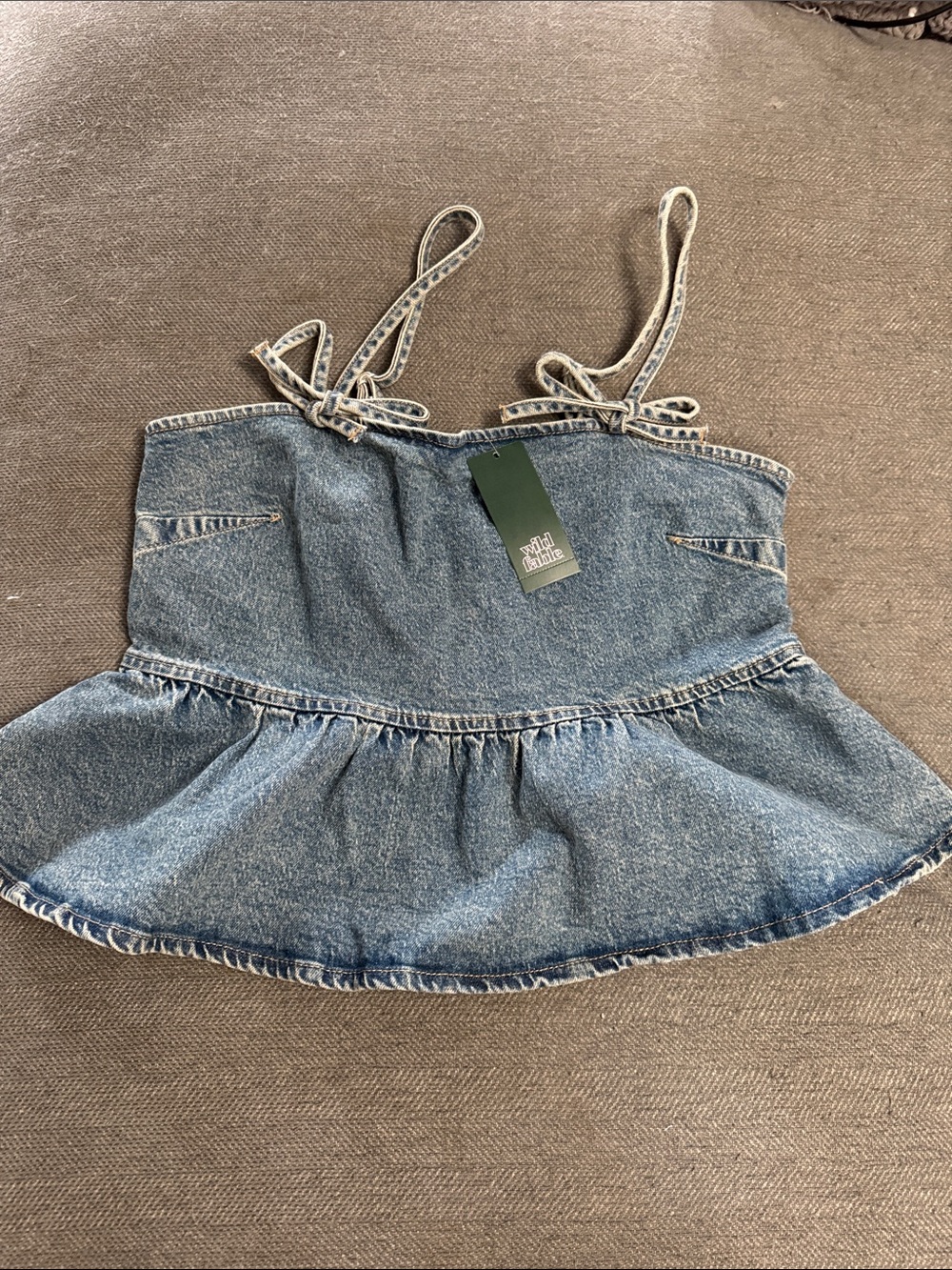 Denim Peplum Tie-Strap Bodysuit - Blue